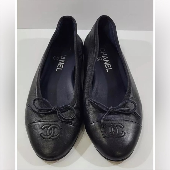 CHANEL Ballet ballerina flats shoes cap toe bow size 37 C - Picture 1 of 16